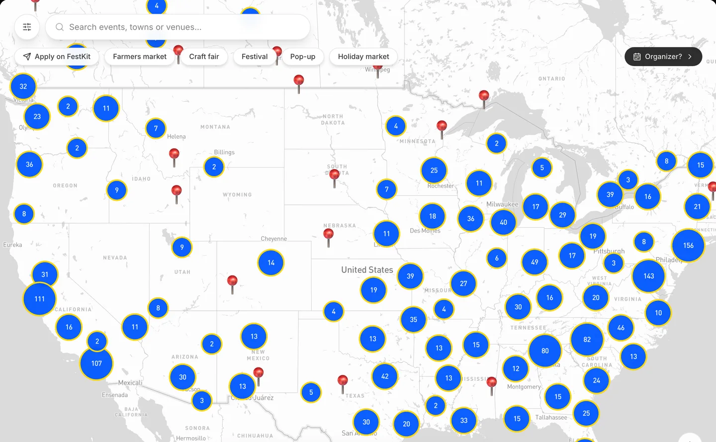 The FestKit events map: thousands of festival and market pins clustered across the United States, with search and category filters