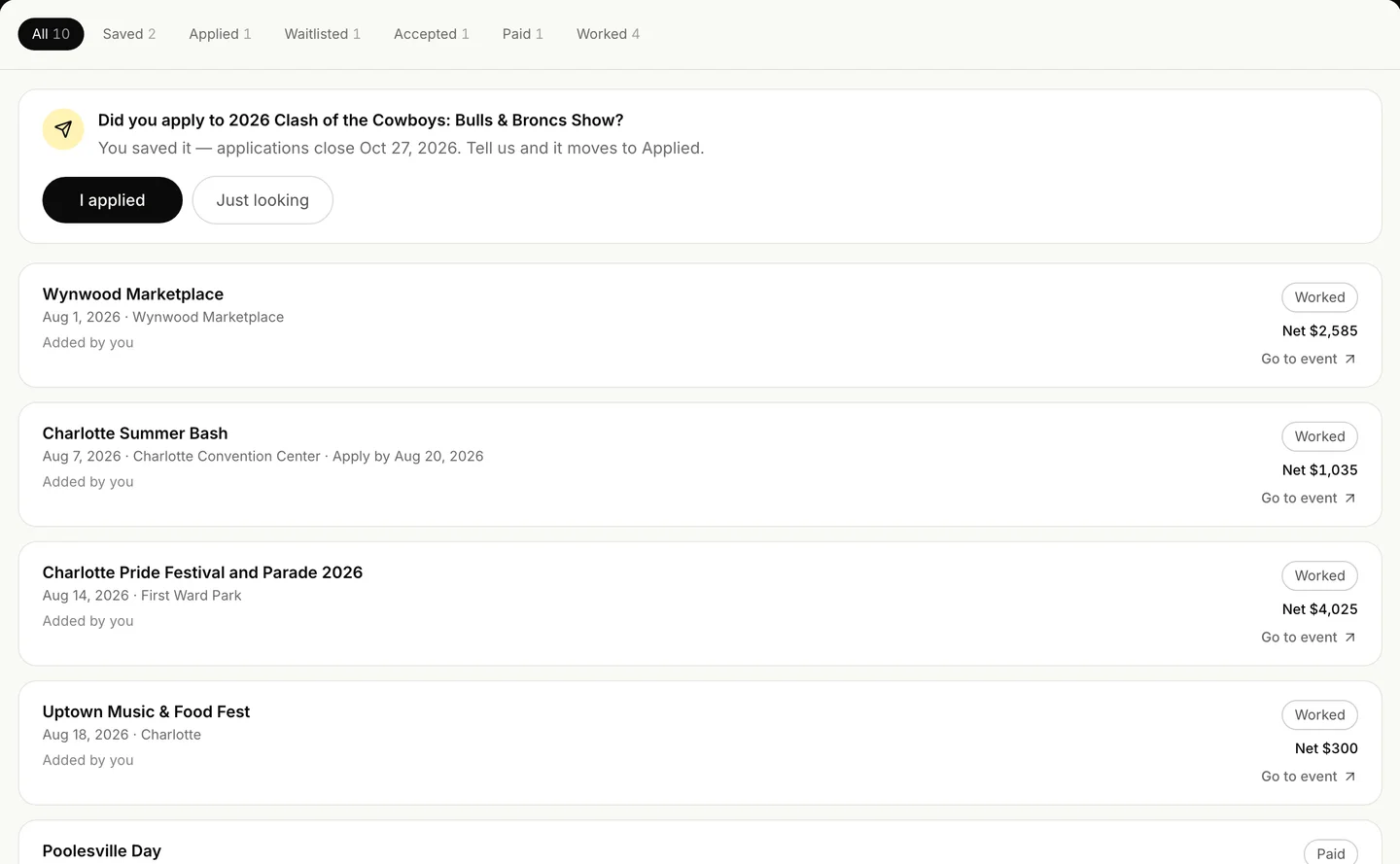 The FestKit season tracker listing a vendor's events by status with deadlines and booth fees