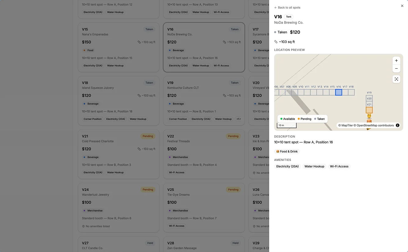FestKit organizer view of vendor booth inventory and assignments